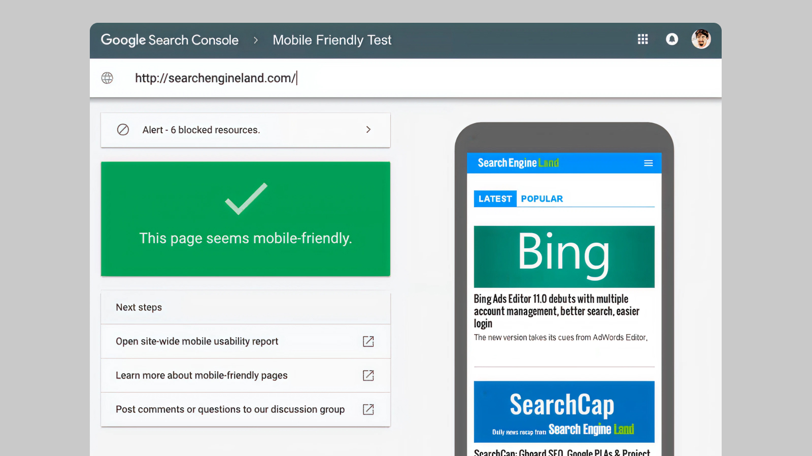 Пример проведения Mobile Friendly Test в Google Search Console