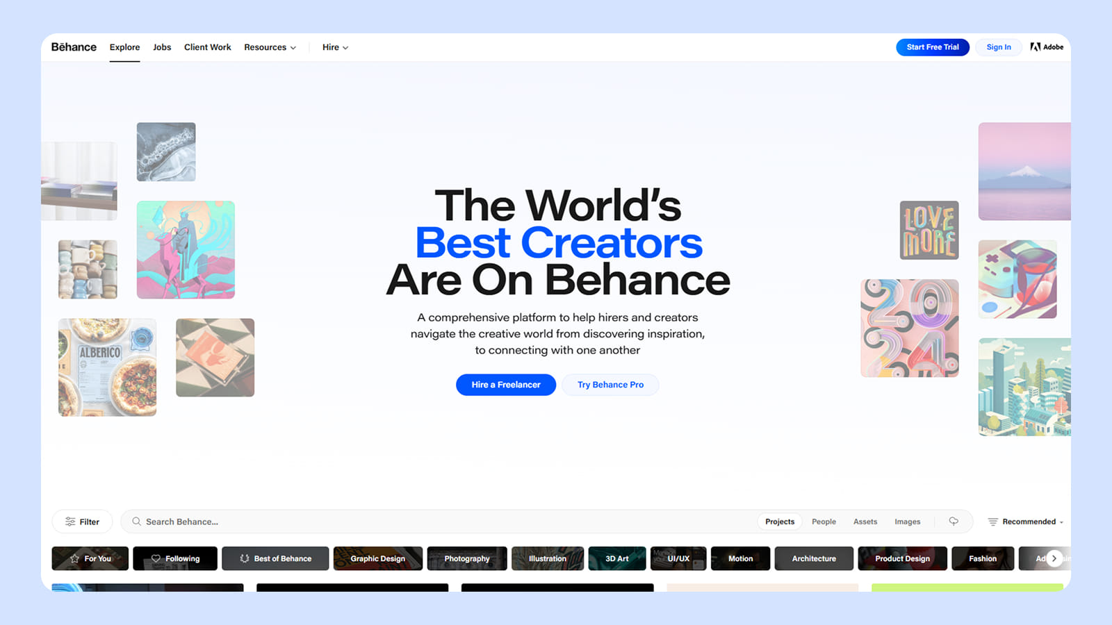 Дизайн площадки для размещения портфолио Behance Главный экран сайта Behance