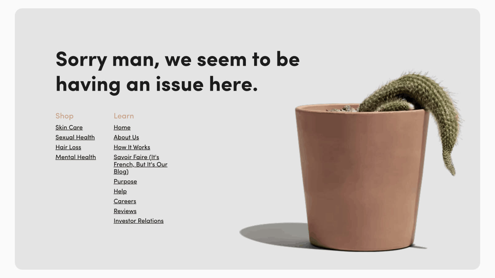 Креативный интерфейс страницы 404 от Hims Ироничная метафора на сайте Hims на странице 404-й