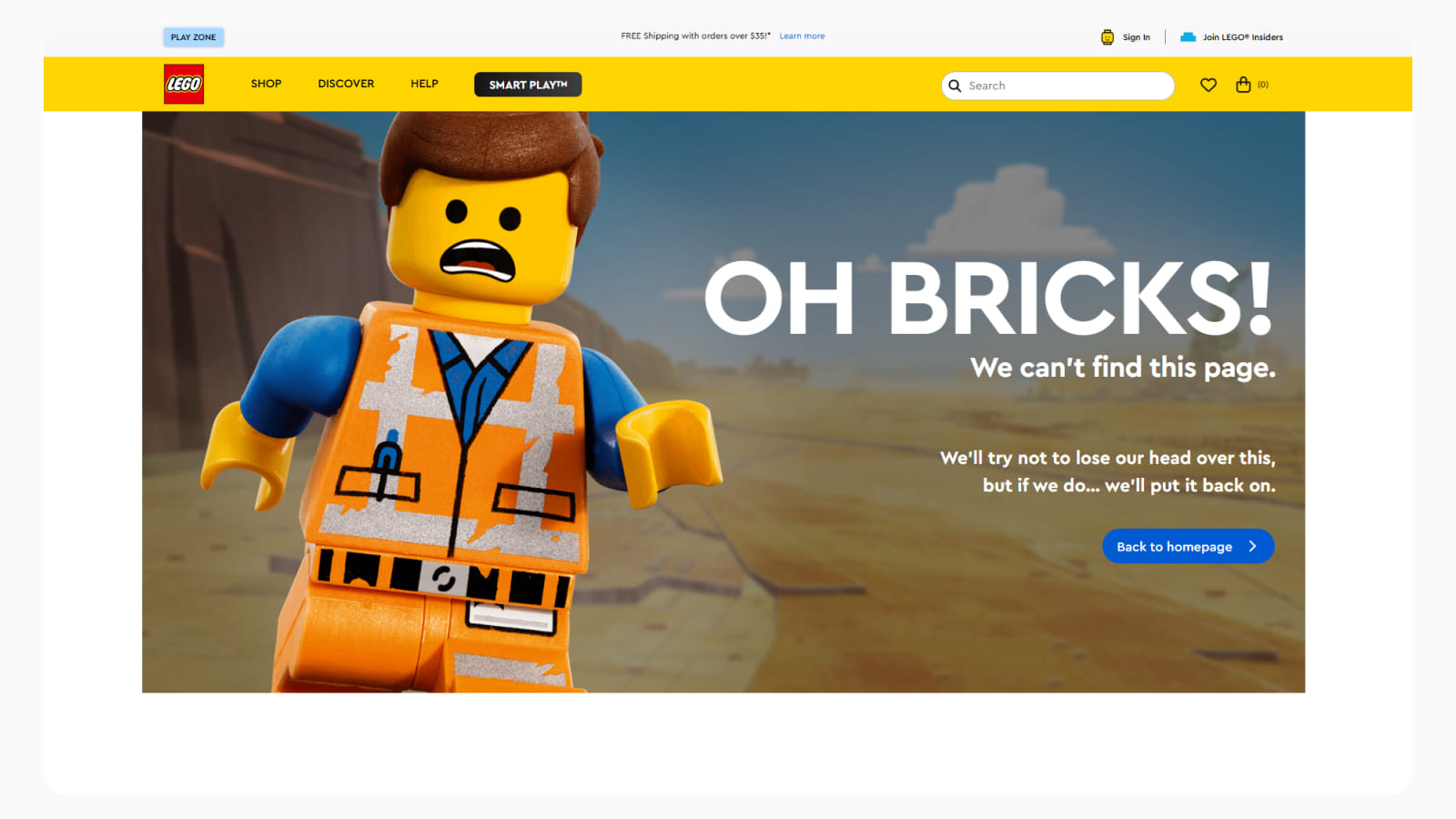 Интерфейс страниц 404 на сайте Lego Интерфейс страниц 404 от Lego