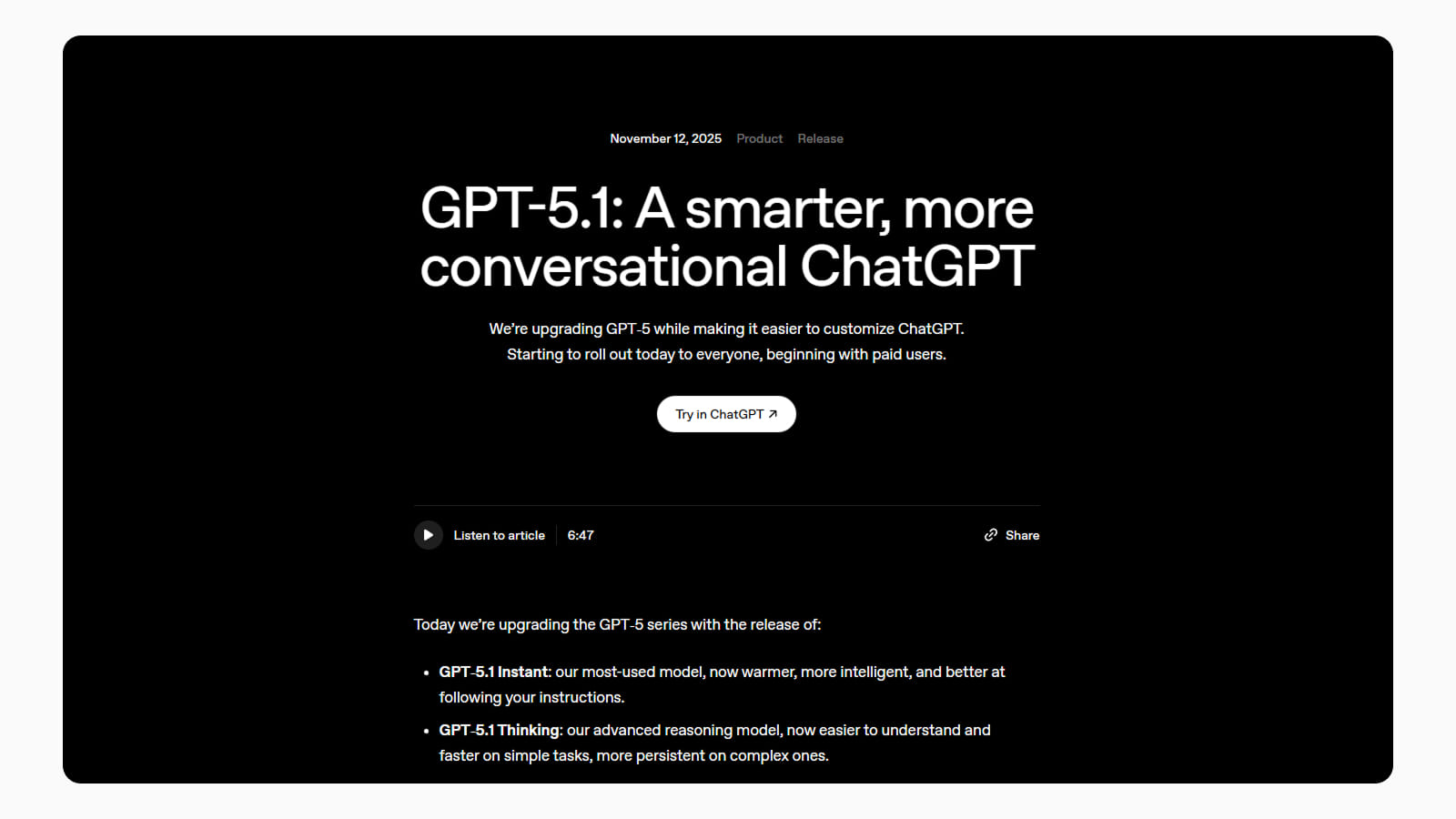 Новая модель ChatGPT 5.1 Скриншот статьи о новой модели ChatGPT 5.1