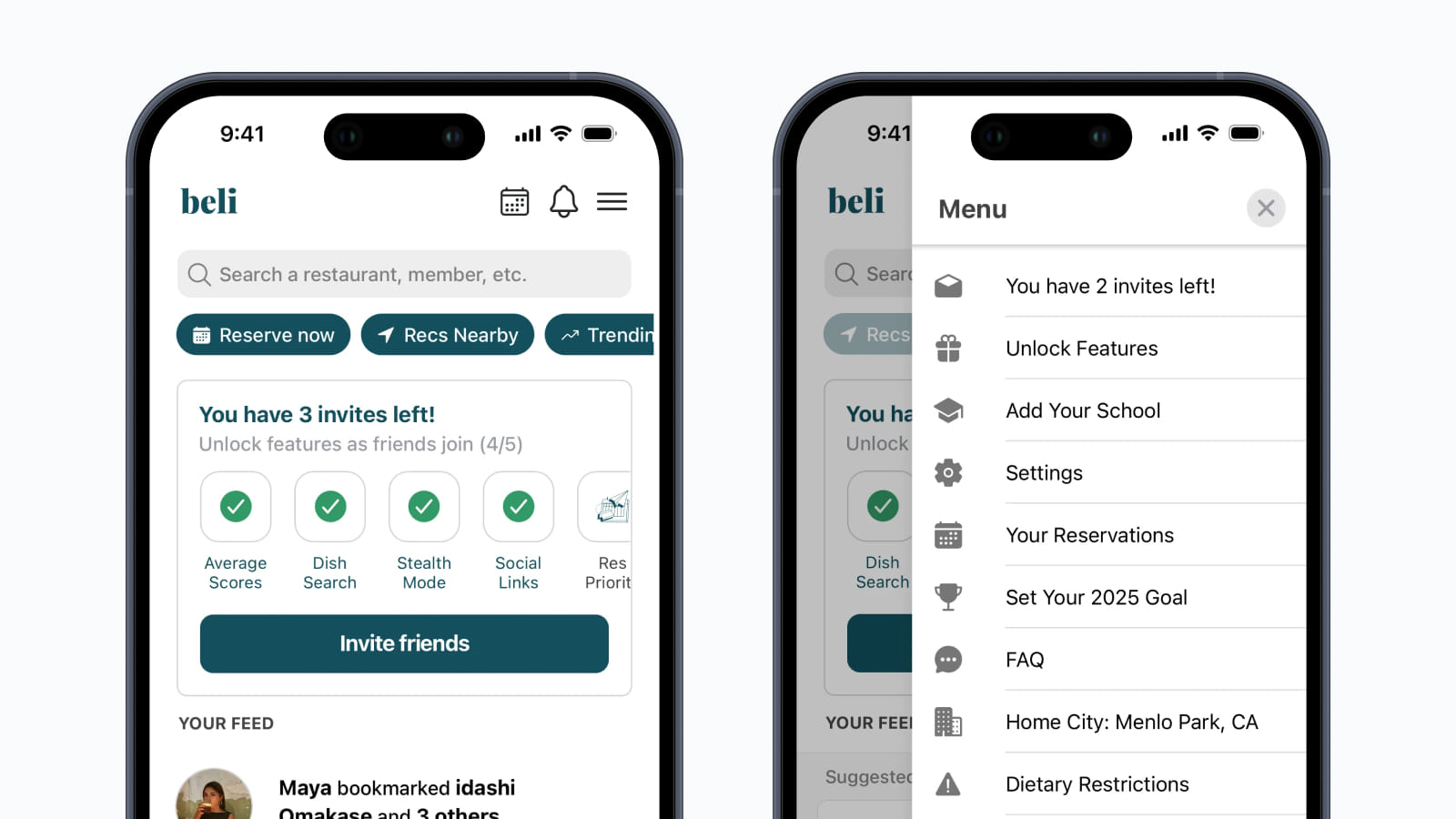 Бургер-меню в приложении Beli Дизайн бургер-меню в приложении Beli