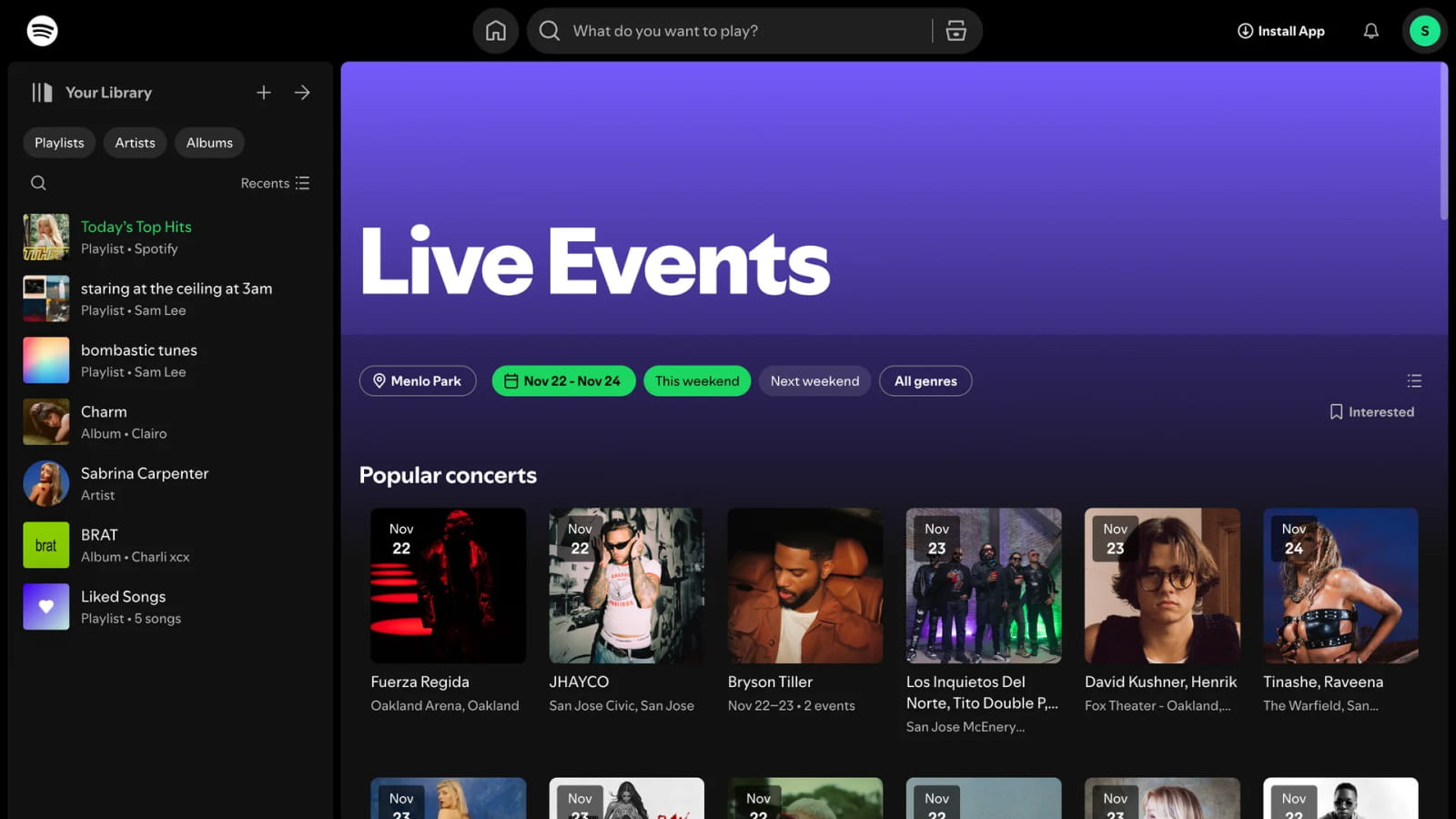 Зелёный цвет в интерфейсе Spotify Дизайн страницы событий в интерфейсе Spotify с использованием зеленого цвета