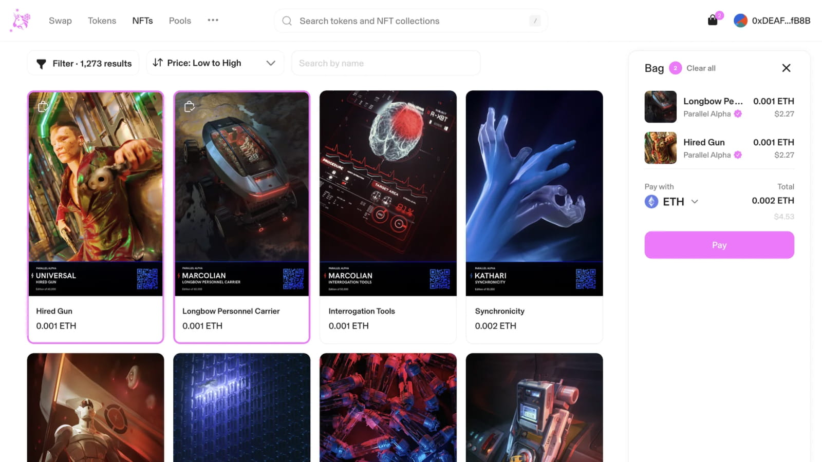 Дизайн корзины в магазине Uniswap Пример mini cart в интерфейсе интернет площадки Uniswap