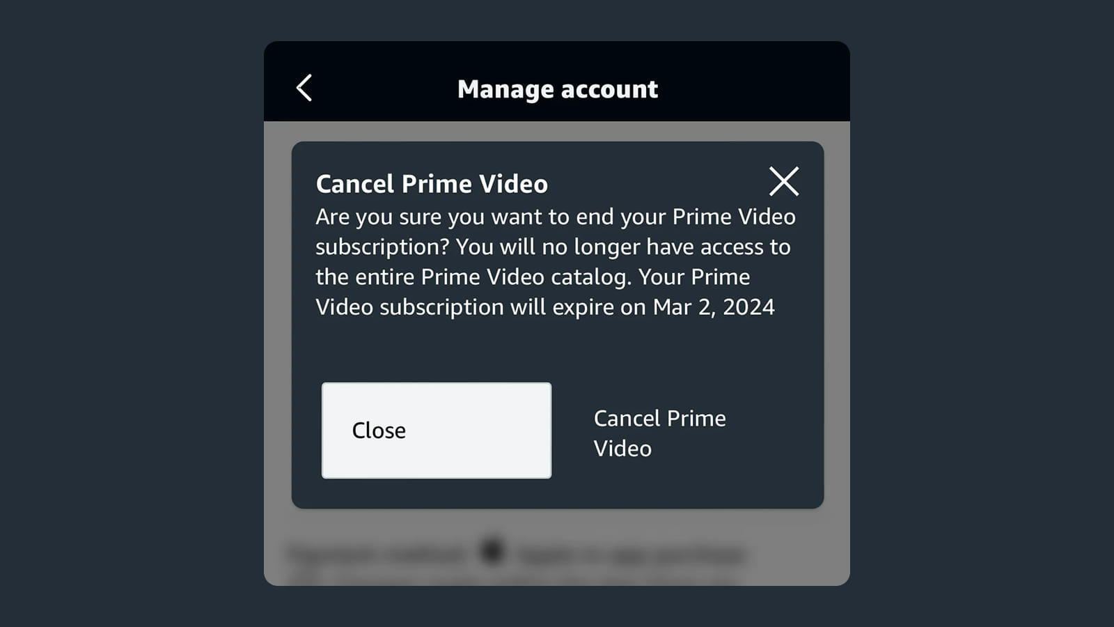 Дизайн окна отмены подписки в Amazon Prime Интерфейс отмены подписки в приложении Amazon Prime